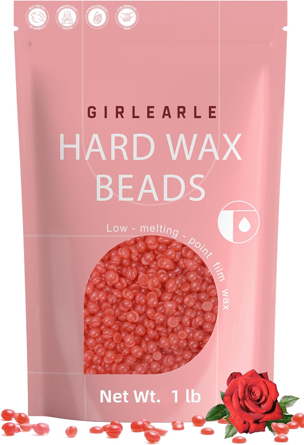 GIRLEARLE 1LB Hard Wax Beads for Hair Removal, Low Melt Hard Wax Beads with Red Rose Formula, Wax Beads for Brazilian Waxing & Sensitive Skin, Stripless Hard Wax for Bikini, Face & Body At-Home Waxing