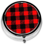 Pocket Medicine Case, Red Black Buffalo Check Plaid Pattern Round Small Organizer, Waterproof Pill Box for Vitamins, Travel Holder Purse Carry for Commute