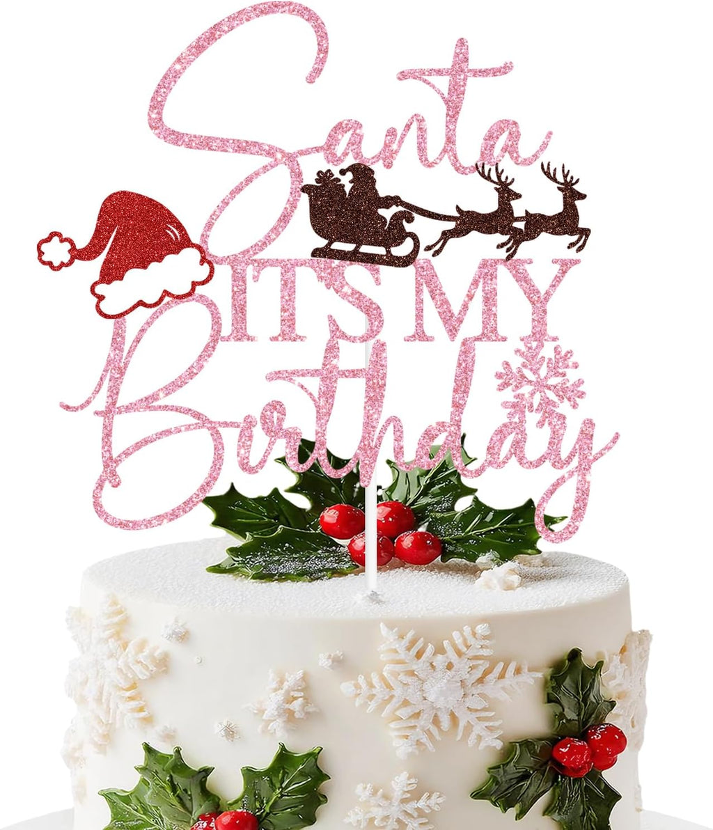 Pink Glitter Santa It's My Birthday Cake Topper, Merry Birthday Christmas Decor, Winter New Year Xmas Holiday Party Decorations Supplies