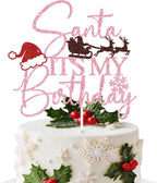 Pink Glitter Santa It's My Birthday Cake Topper, Merry Birthday Christmas Decor, Winter New Year Xmas Holiday Party Decorations Supplies