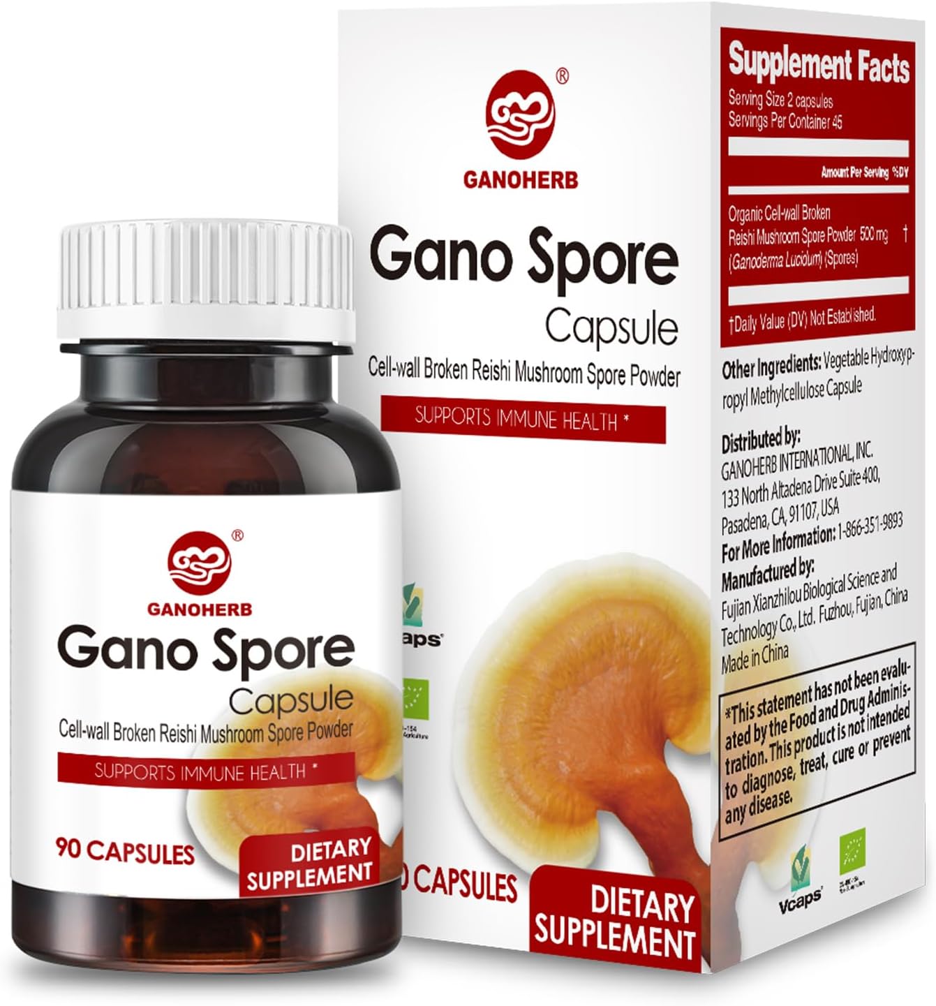 Organic Reishi Mushroom Capsules with 100% Ganoderma Lucidum Reishi Spore Powder for Boost Immune System, Vegan, All Natural, Non-GMO & Gluten Free, 90 Veggie Capsules