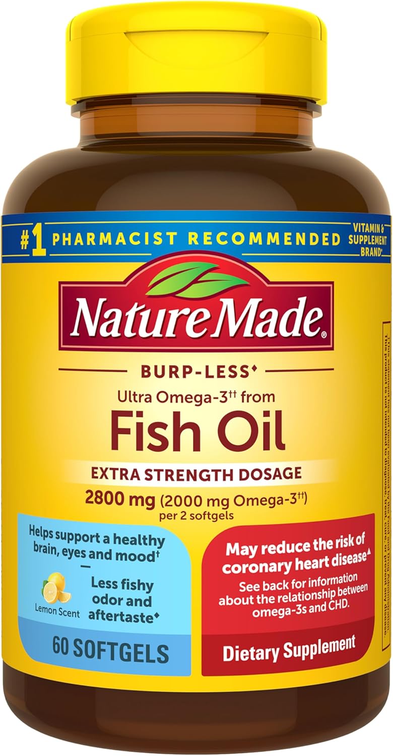 Nature Made Extra Strength Omega 3 Fish Oil Supplements, 2800mg, Fish Oil Omega 3 Supplements as Ethyl Esters for Healthy Heart, Brain, Eyes, Mood Support, 60 Softgels, 30 Day Supply