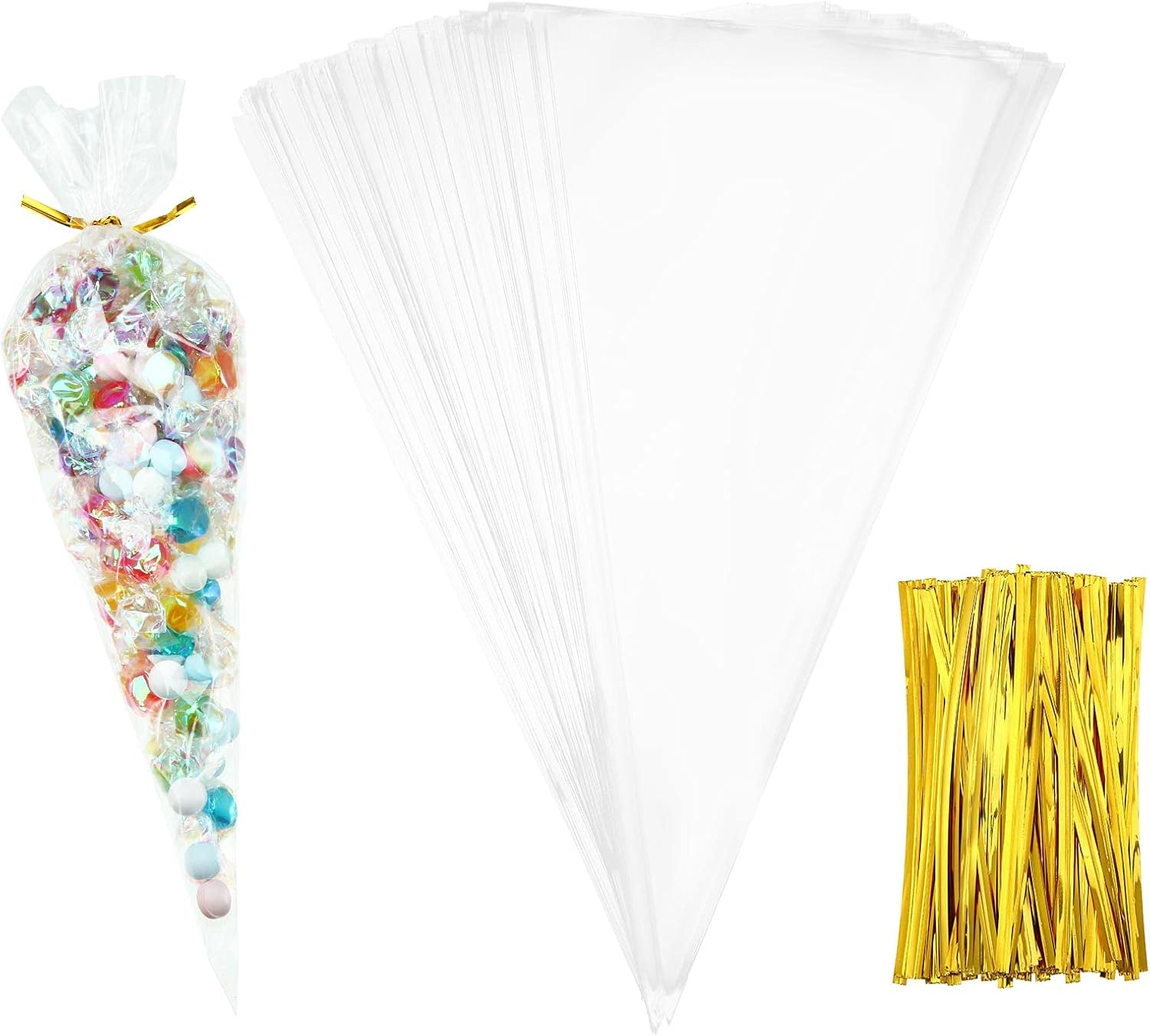 Outus 100 Pcs 7 x 12 Inch Easter Cone Shaped Treat Bag Clear Cello Cellophane Medium Transparent Sweet Popcorn Candy Bags with 100 Pieces Twist Ties for Party Favor(Gold Twist Ties)