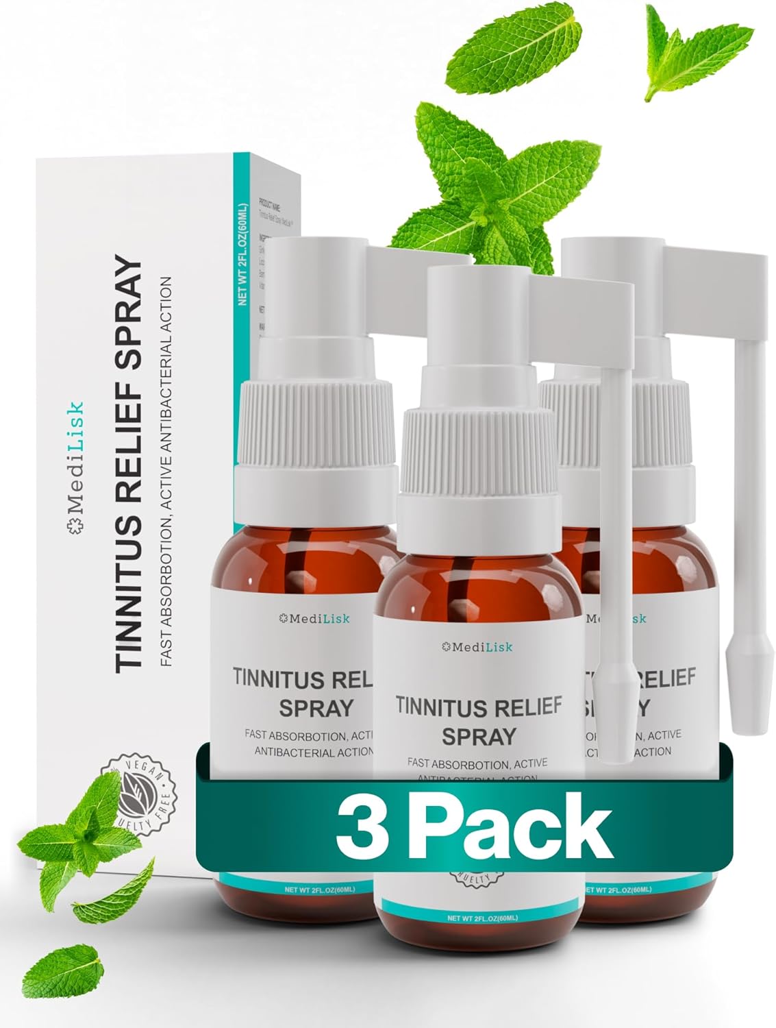 Medilisk Tinnitus Relief Spray – Supports Tinnitus Relief for Ringing Ears – Herbal Ear Care Products – Non-Steroidal & Hypoallergenic – 1 Fl Oz – Pack of 3