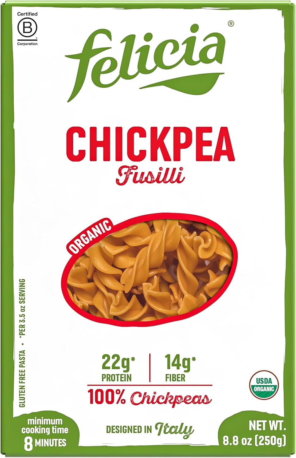 Felicia Gluten Free Pasta, Chickpea Fusilli, 22G Protein per Serving, Organic High Protein and Fiber Noodles, Designed in Italy, Plant Based, Made from 100% Chickpeas, Non GMO, 8.8 Oz, 6 Boxes