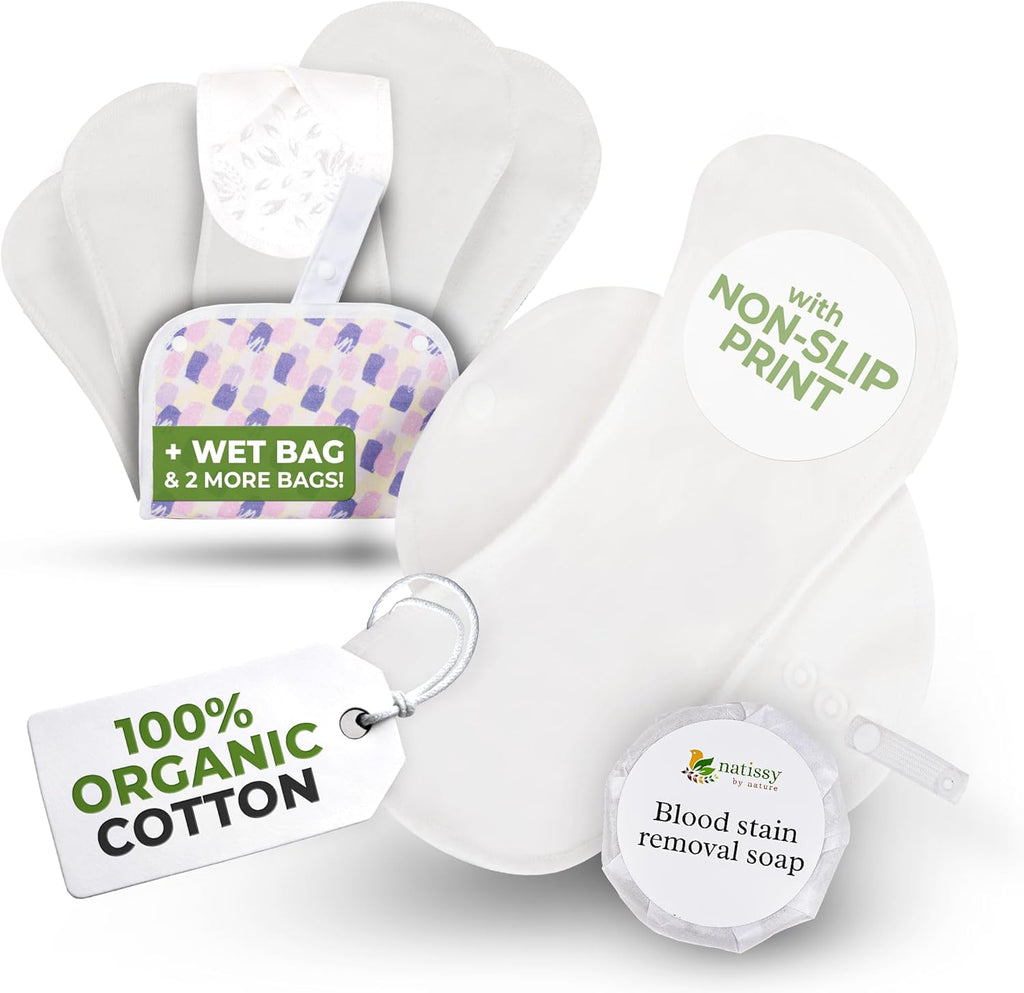 Non-Slip, Organic Reusable Menstrual Pads for Light Flow (6 Pack S+M) - Leak Proof & Odor Free Cotton Cloth Pads for Women & Teens - High-Temp Washable, Soft & Skin-Safe for All-Day Period Comfort