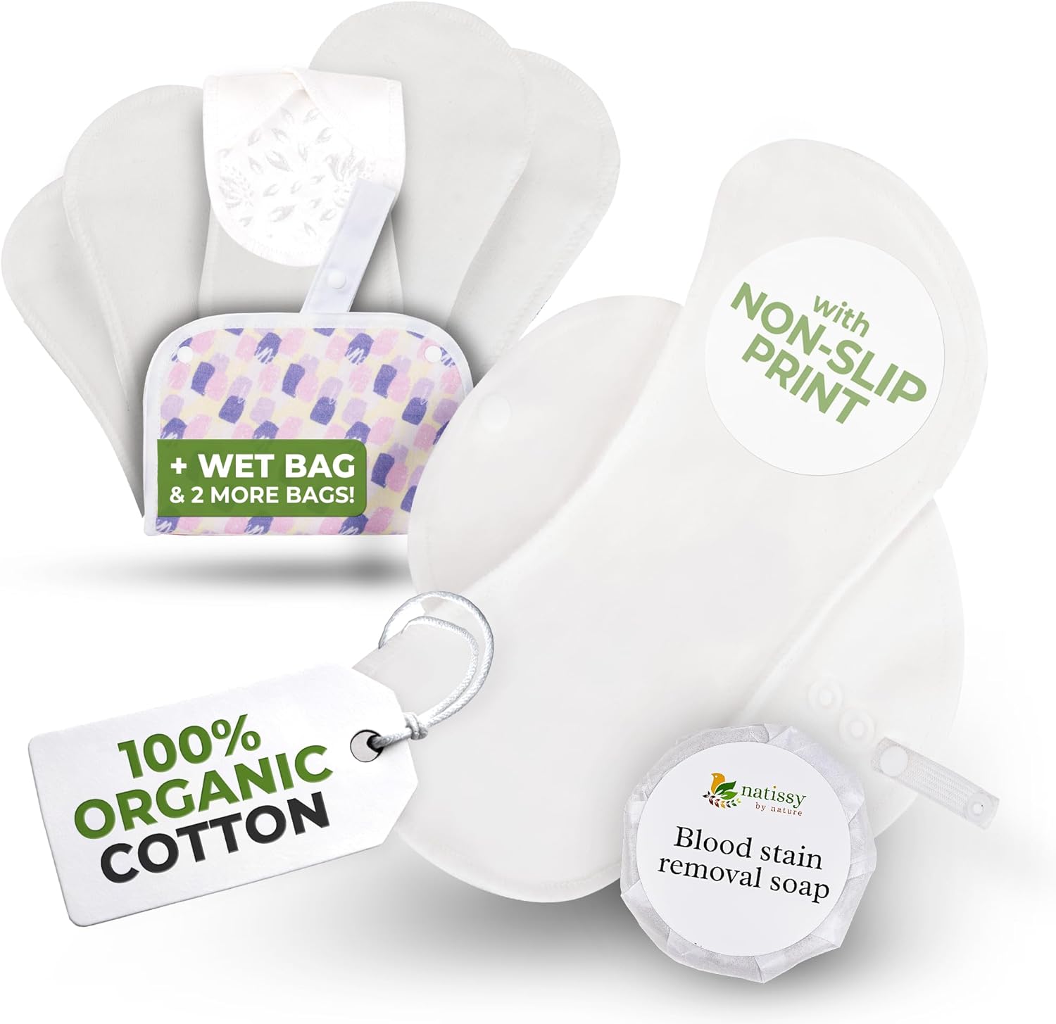 Non-Slip, Organic Reusable Menstrual Pads for Light Flow (6 Pack S+M) - Leak Proof & Odor Free Cotton Cloth Pads for Women & Teens - High-Temp Washable, Soft & Skin-Safe for All-Day Period Comfort