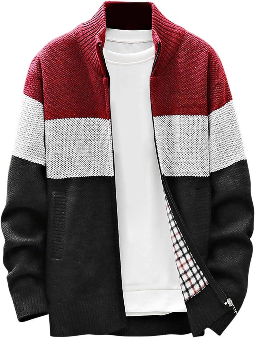 Men's Cardigan Sweaters Knitted Full Zip Collared Regular Fit Jacket Casual Color Block Baggy Winter Warm Coat