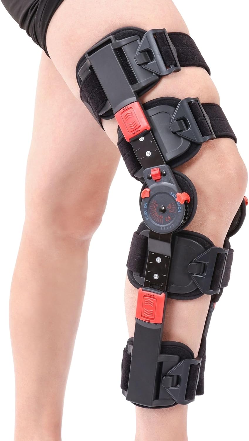 Hinged ROM Knee Brace with Shoulder Strap Post Op Knee Immobilizer Adjustable Knee Support with Side Stabilizers Medical Knee Orthopedic Support for Men and Women, Left or Right Leg (Red)