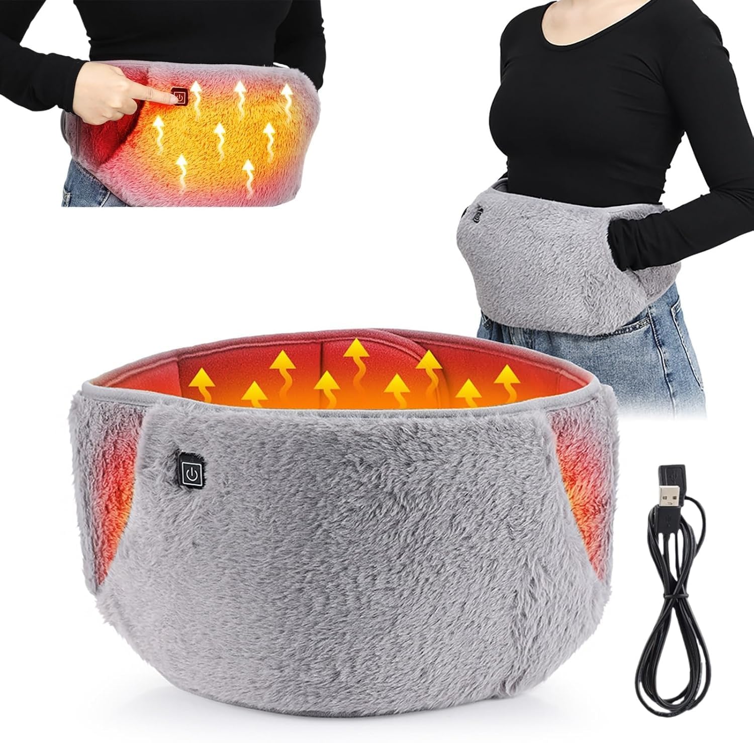 3-in-1 Heating Waist Belt: Heating Pad for Back Comfort & Warmth + Portable Hand Warmer, USB Powered (Power Bank Not Included), 3-Temp Adjustable Heat Wrap for Women, Gray