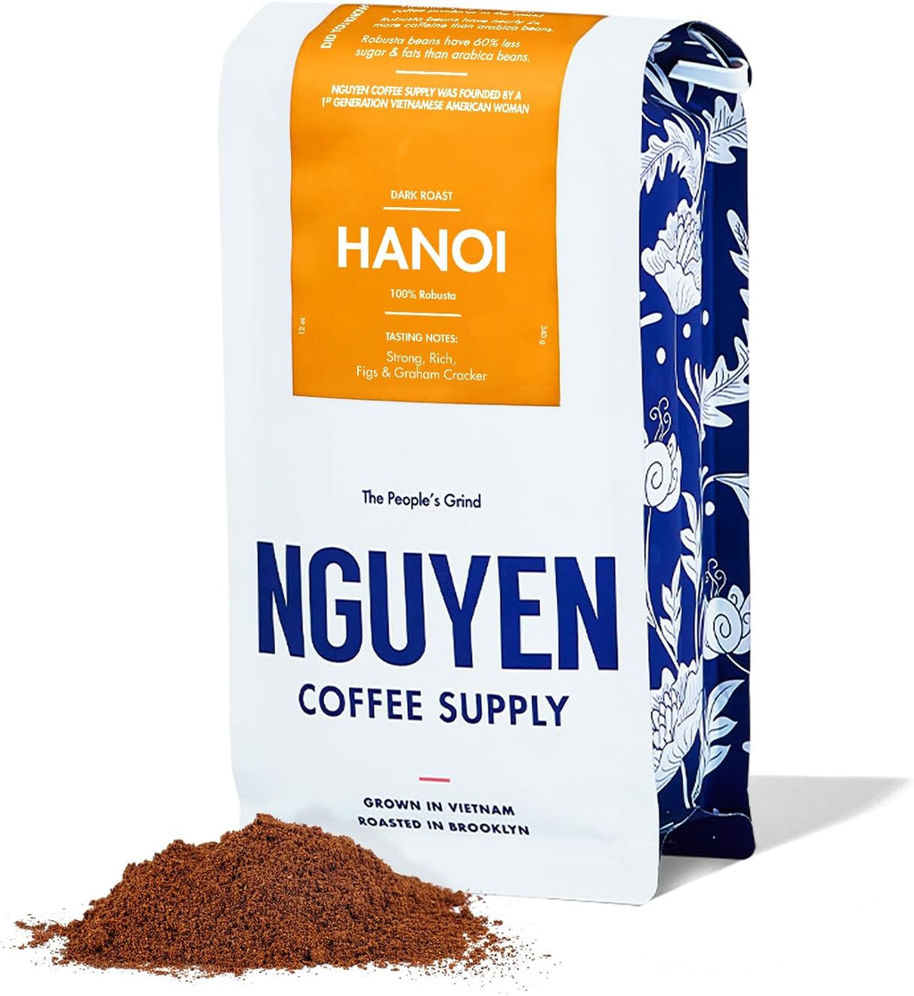 Nguyen Coffee Supply - Hanoi Robusta: Dark Roast Premium Ground Coffee Beans, Vietnamese Single Origin, Direct Trade, Low Acid with High Caffeine Content, Roasted in Brooklyn [12 oz Bag]