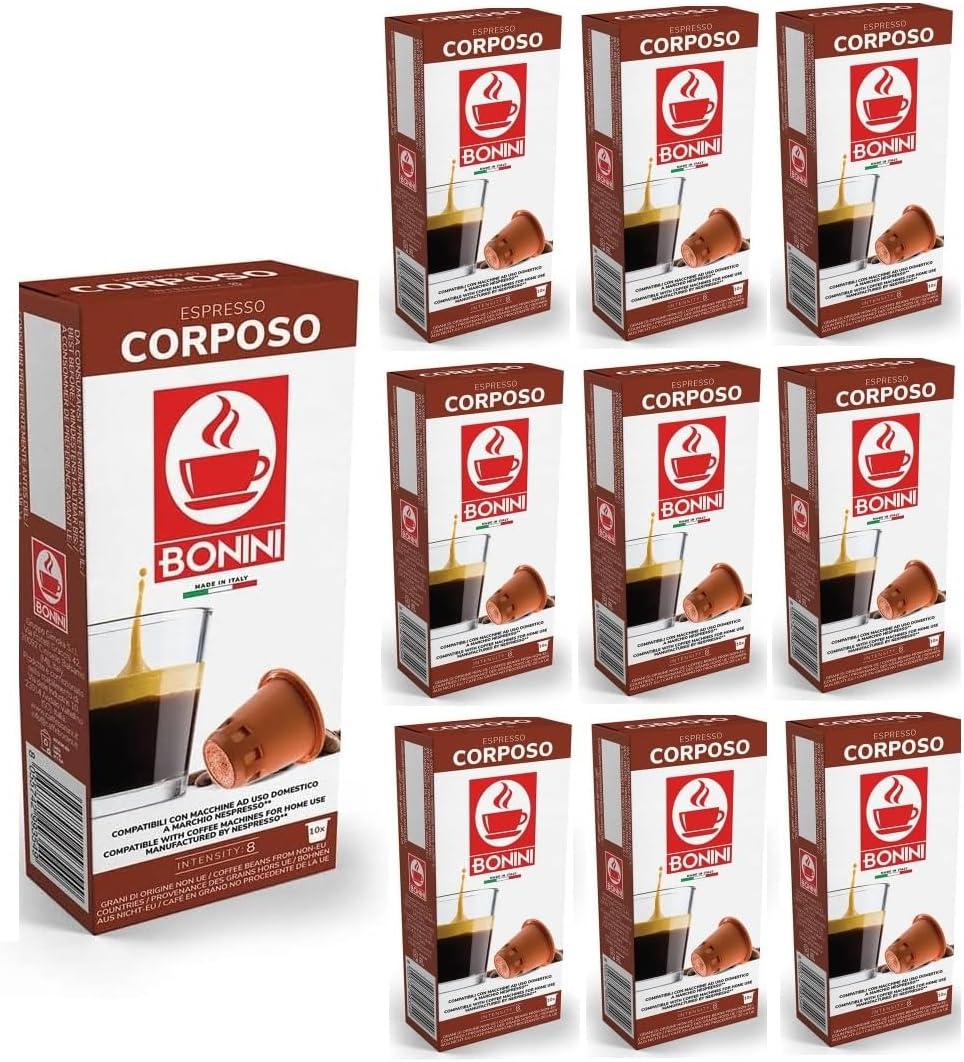 Bonini Corposo Coffee Pods Compatible with Nespresso 100% Italian Coffee Capsules (Pack of 10, Total 100 Pods)