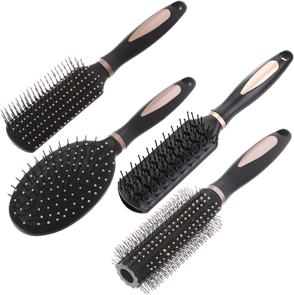 Pack of 4 Anti-Static Hair Tools for Women, Men & Kids: Oval Comb, Round Vent Brush, Detangling Paddle Brush for Wet/Dry Hair Massage & Shine, QXDAI-10