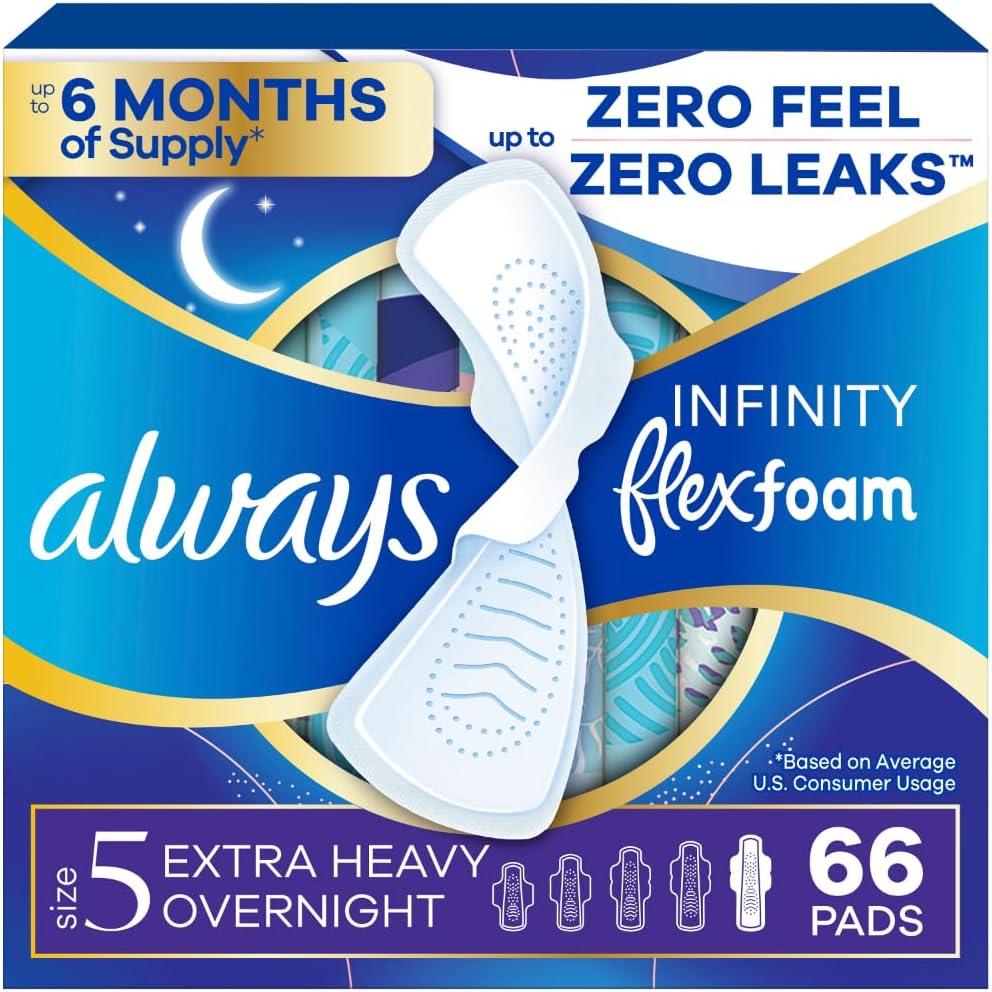 Always Infinity Feminine Pads for Women, Flexfoam Pads with Wings, Size 5, Extra Heavy Overnight Absorbency, Unscented, 66 Count (3 Packs of 22)