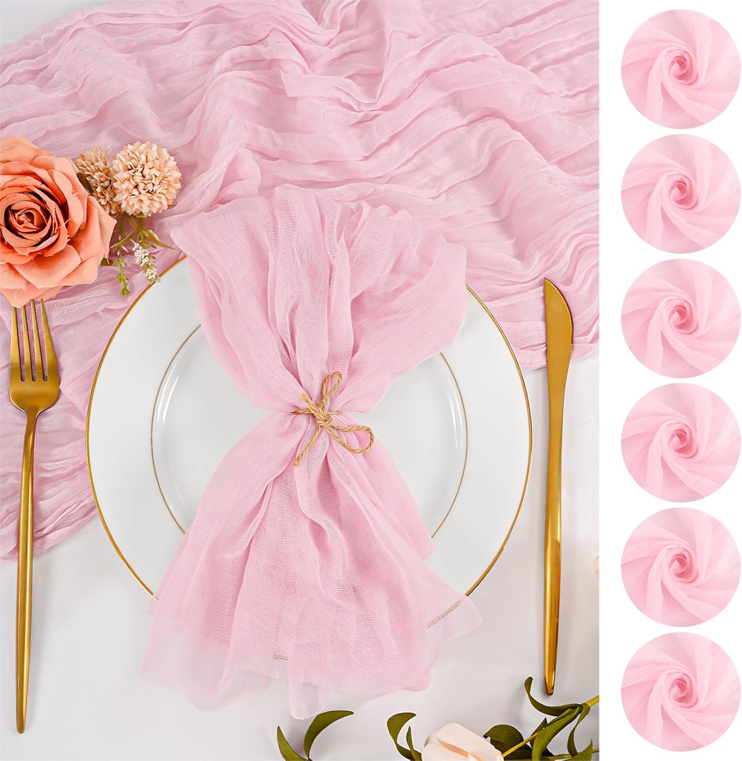12 Pack Pink Cloth Napkins 20x20 Inch Cheesecloth Napkins Rustic Boho Gauze Dinner Napkin Cloth Washable Elegant Table Napkins for Wedding Party Bridal Baby Shower Table Decor