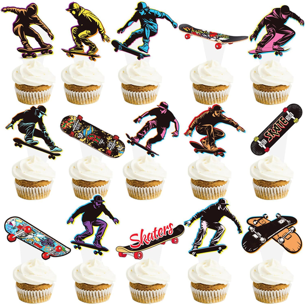 Skateboard Party Cupcake Toppers 48Pcs Skateboarding Cake Decorations Skate Party Cupcake Picks Skateboarder Birthday Decorations for Sports Skating Baby Shower Supplies