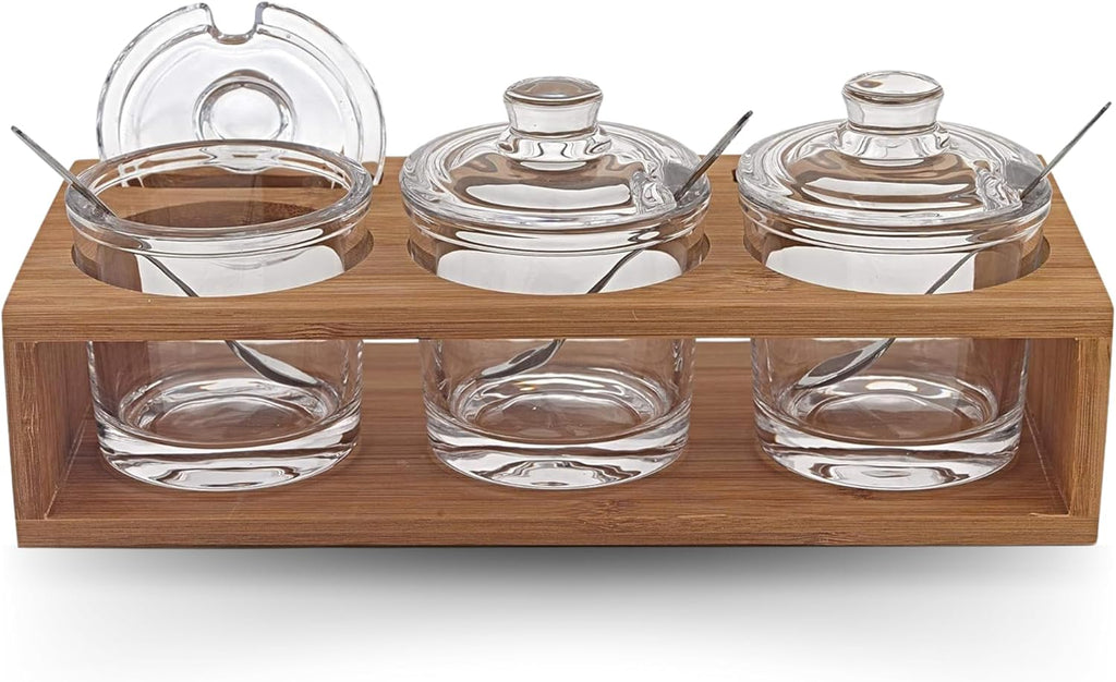 Badash Crystal Glass Jar Set - 10-Piece Glass Jars with Lids, Spoons, and Wood Stand for Jam, Honey, Spice, or Condiments - Ideal for Salad Dressing & Sauce