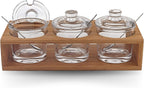 Badash Crystal Glass Jar Set - 10-Piece Glass Jars with Lids, Spoons, and Wood Stand for Jam, Honey, Spice, or Condiments - Ideal for Salad Dressing & Sauce