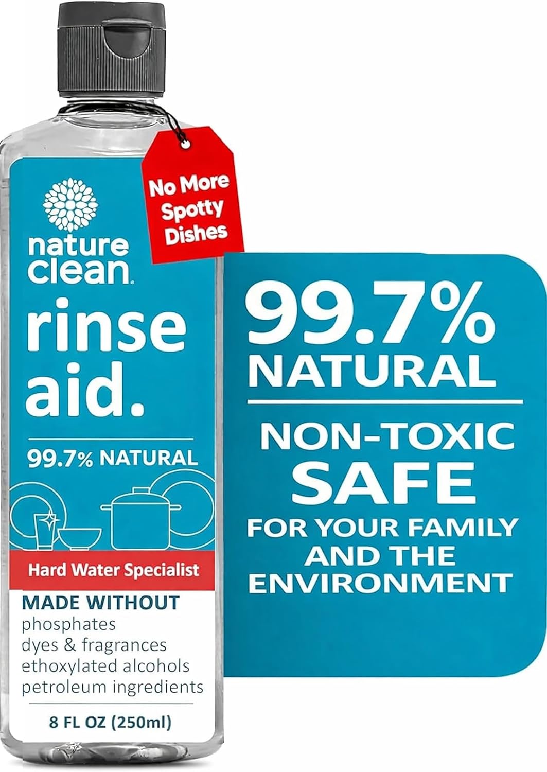 Nature Clean All Natural Dishwasher Rinse Aid Cleaner, Liquid Dishwasher Rinse Agent Spot-Free Glass & Cutlery in Hard Water, Non-Toxic Dish Washer Drying Agent & Stain Remover, 8 oz/250ml, Pack of 1