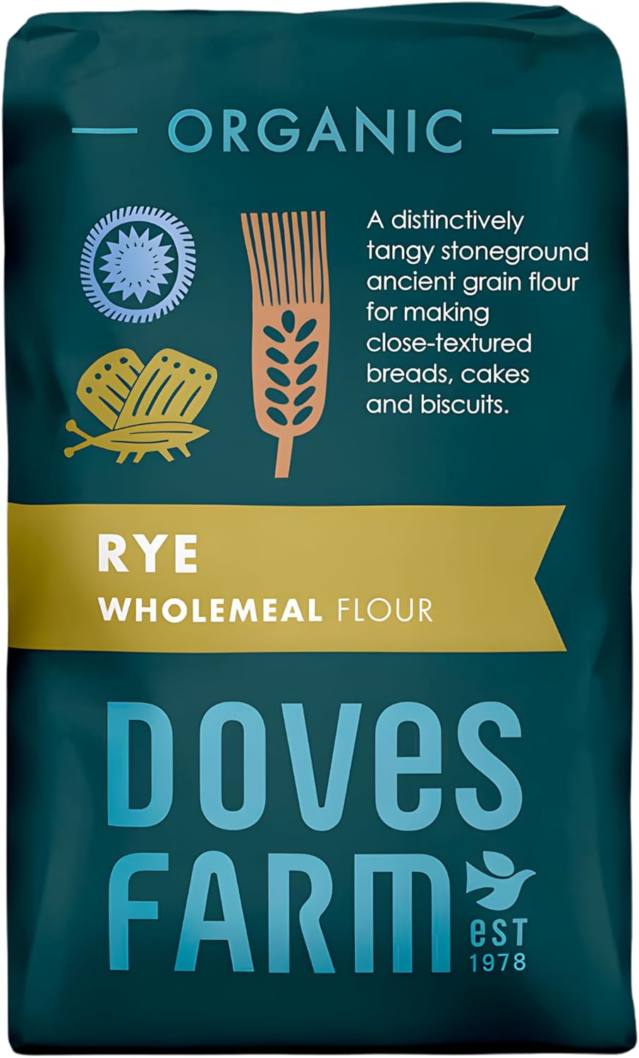 Doves Farm Organic Stoneground Wholemeal Rye Flour 2.2 lb (1 kg) - High Fiber Ancient Whole Grain Dark Rye Flour for British Baking Breads, Cakes & Biscuits | Kosher & Vegan | Imported from UK