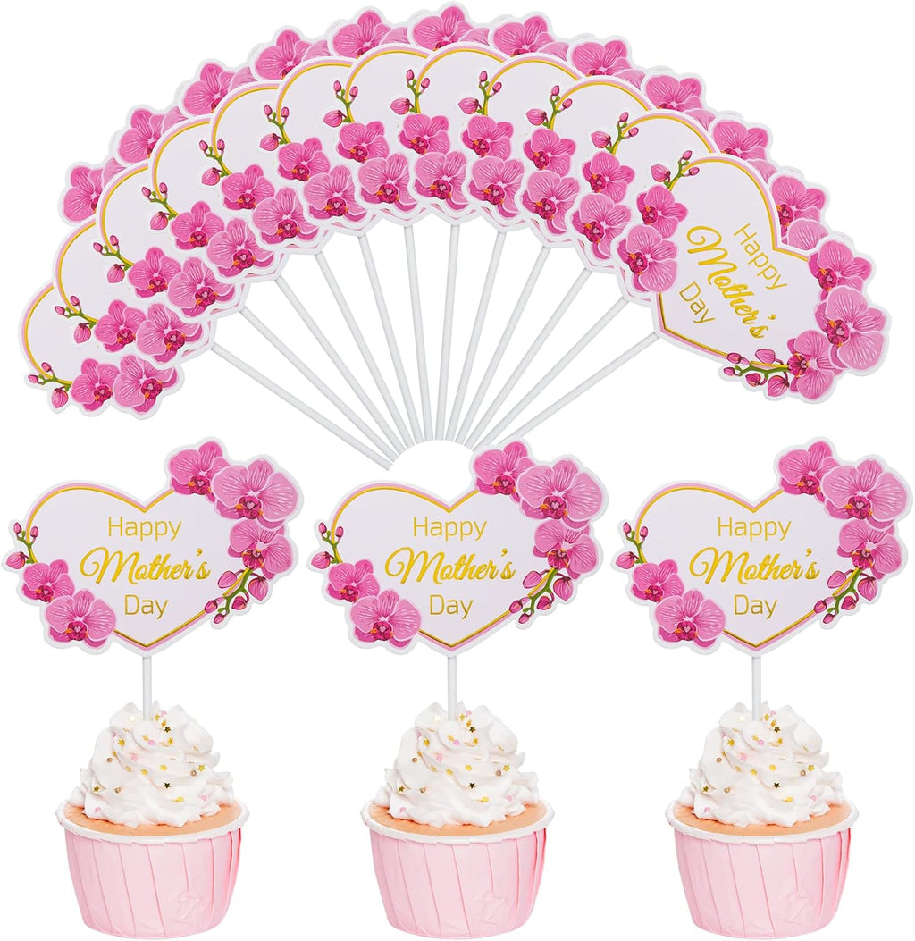 12 Pieces Happy Mother's Day Cake Toppers Flower Cupcake Topper for Mother's Day Birthday Cake Decoration Party Supplies (Style 1)