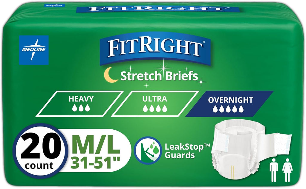 Medline FitRight Extended Wear Stretch Briefs, Overnight Adult Diapers with Tabs, Size 1 (Bag of 20)