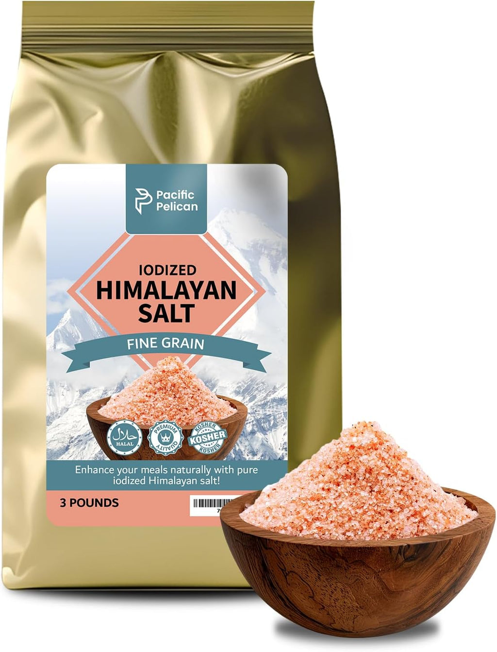 Pacific Pelican Premium Iodized Himalayan Pink Salt | Fine Grain, Unrefined, Pure Rock Salt | 3 Pounds | 100% Natural & Organic for Cooking, Seasoning & Wellness (Pack of 1)