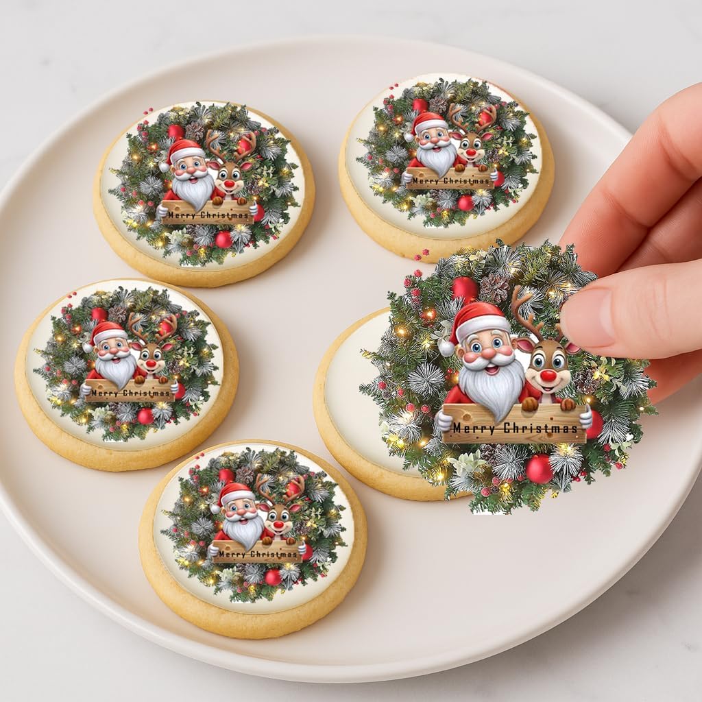 Santa Wreath Christmas Cookie & Cupcake Edible Images – 20-2” Precut Holiday Toppers – Easy to Use