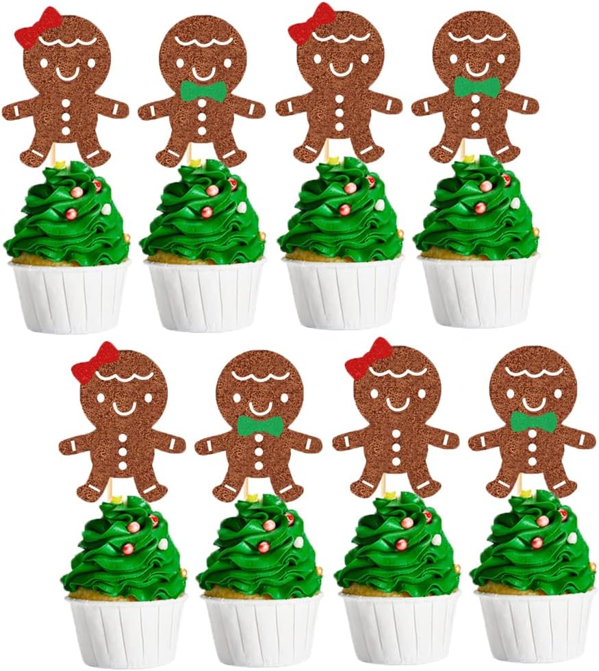 24 Pcs Bow Tie Gingerbread Man Cupcake Toppers Cake Decoration Christmas Baby Gender Reveal Party Dessert Insert MGPFERD