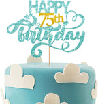 Sky Blue Glitter Happy 75th Birthday Cake Topper, 75th Birthday Party Cake Decor, Gold Number 75