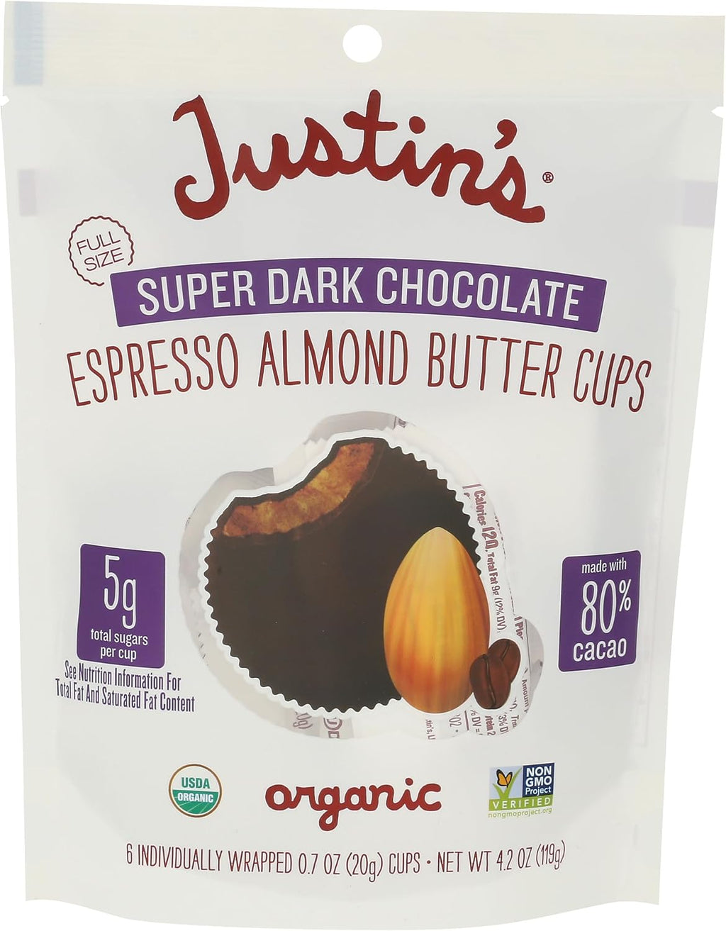 JUSTINS Organic Super Dark Chocolate Espresso Almond Butter Cups, 4.2 OZ