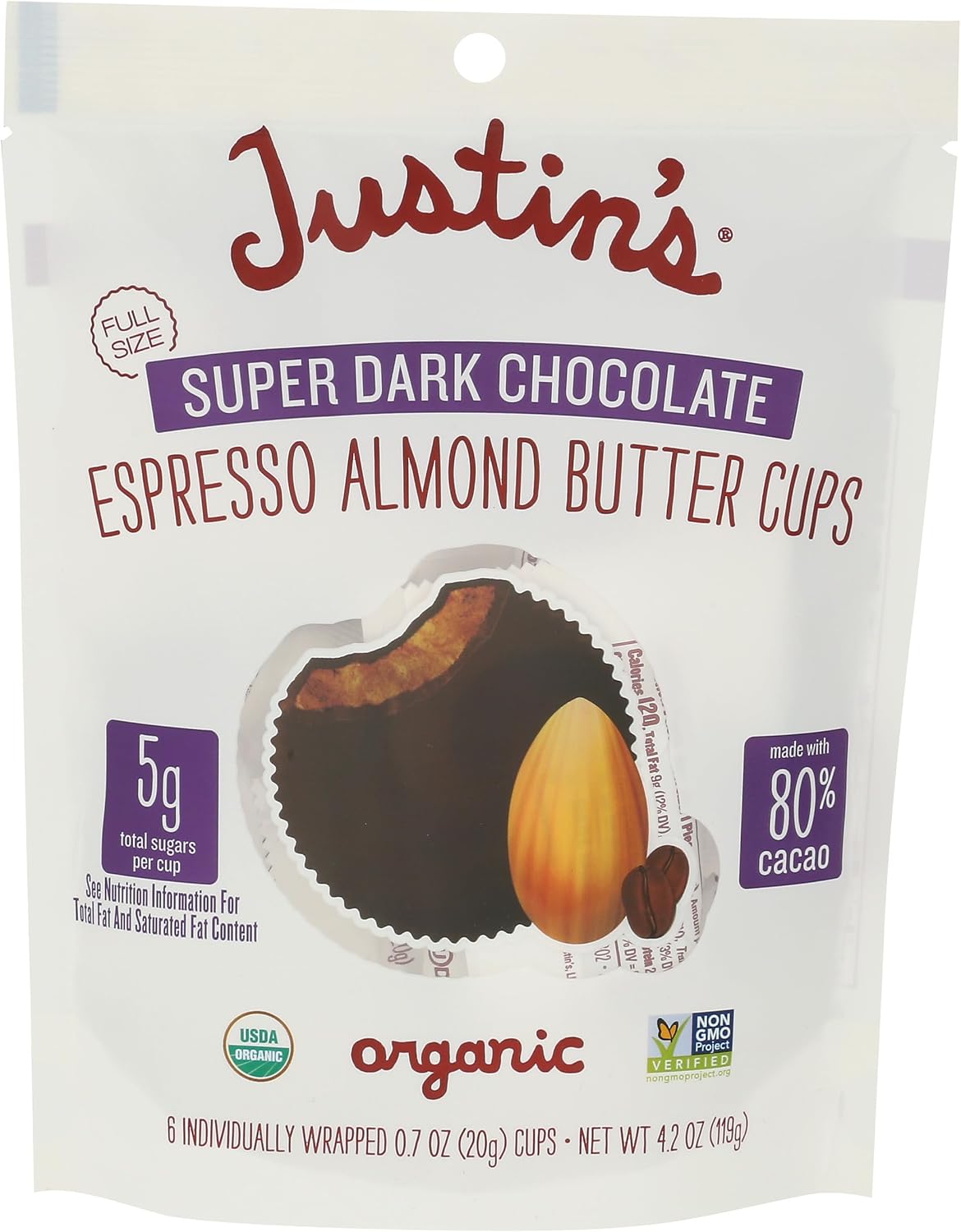 JUSTINS Organic Super Dark Chocolate Espresso Almond Butter Cups, 4.2 OZ