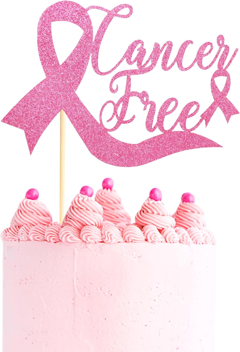 Cancer Free Cake Topper, Breast Cancer Awareness Cake Decor, Breast Cancer Pink Ribbon Sign Survivor Party Decoration Supplies - Pink Glitter