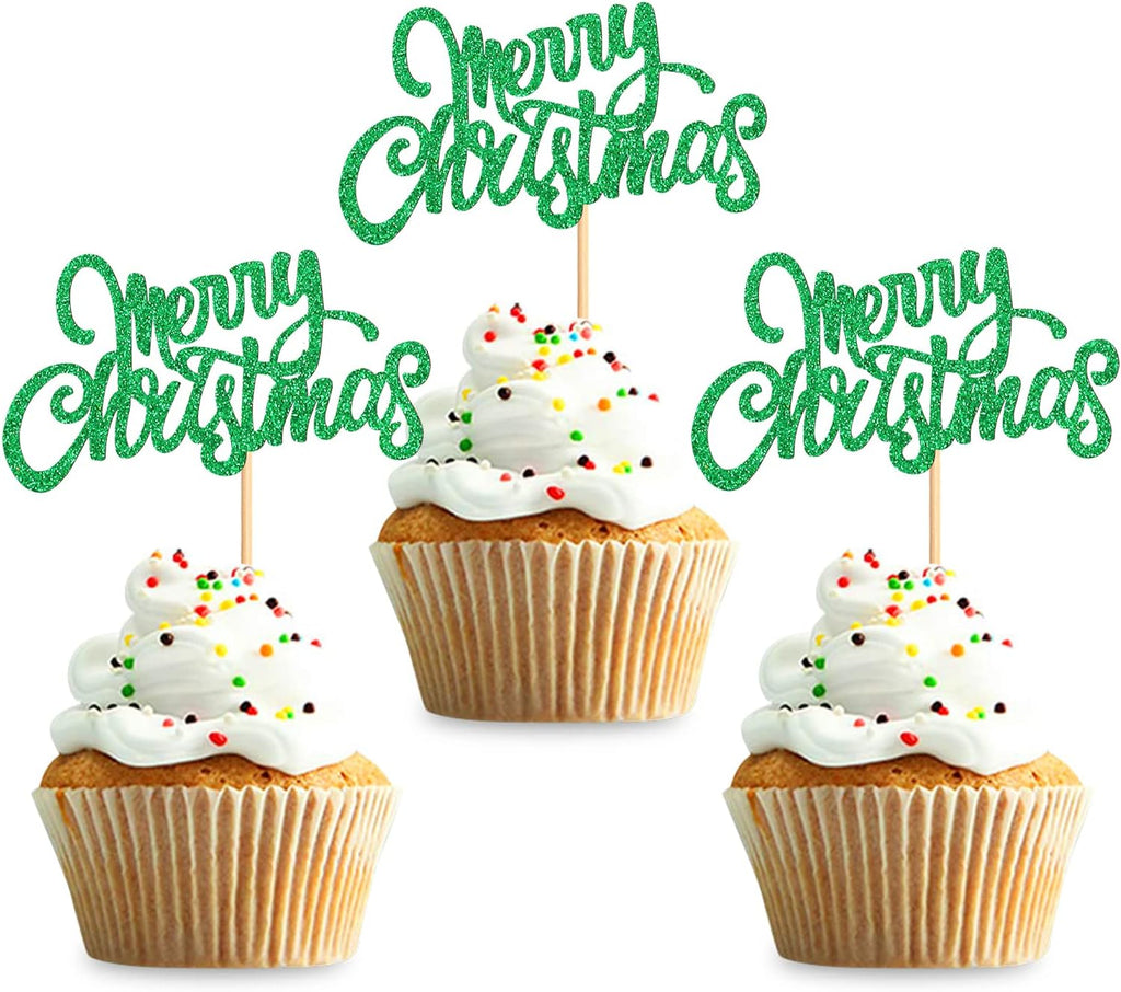24 Pack Merry Christmas Cupcake Toppers Christmas Cupcake Picks Xmas Holiday Cupcake Toppers for Christmas Gift Party Cake Decorations Supplies Green