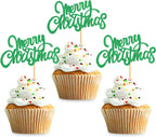 24 Pack Merry Christmas Cupcake Toppers Christmas Cupcake Picks Xmas Holiday Cupcake Toppers for Christmas Gift Party Cake Decorations Supplies Green