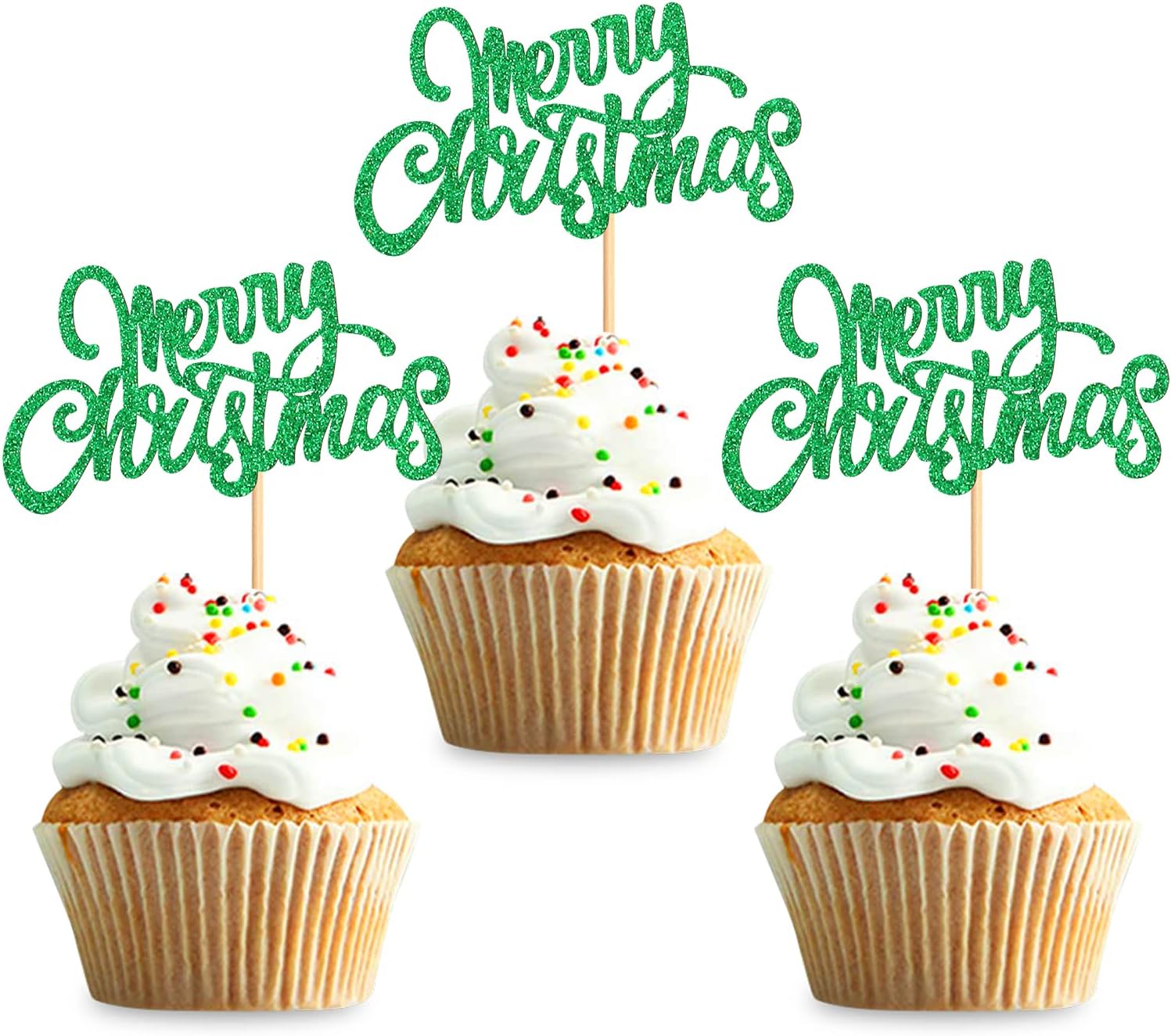 24 Pack Merry Christmas Cupcake Toppers Christmas Cupcake Picks Xmas Holiday Cupcake Toppers for Christmas Gift Party Cake Decorations Supplies Green