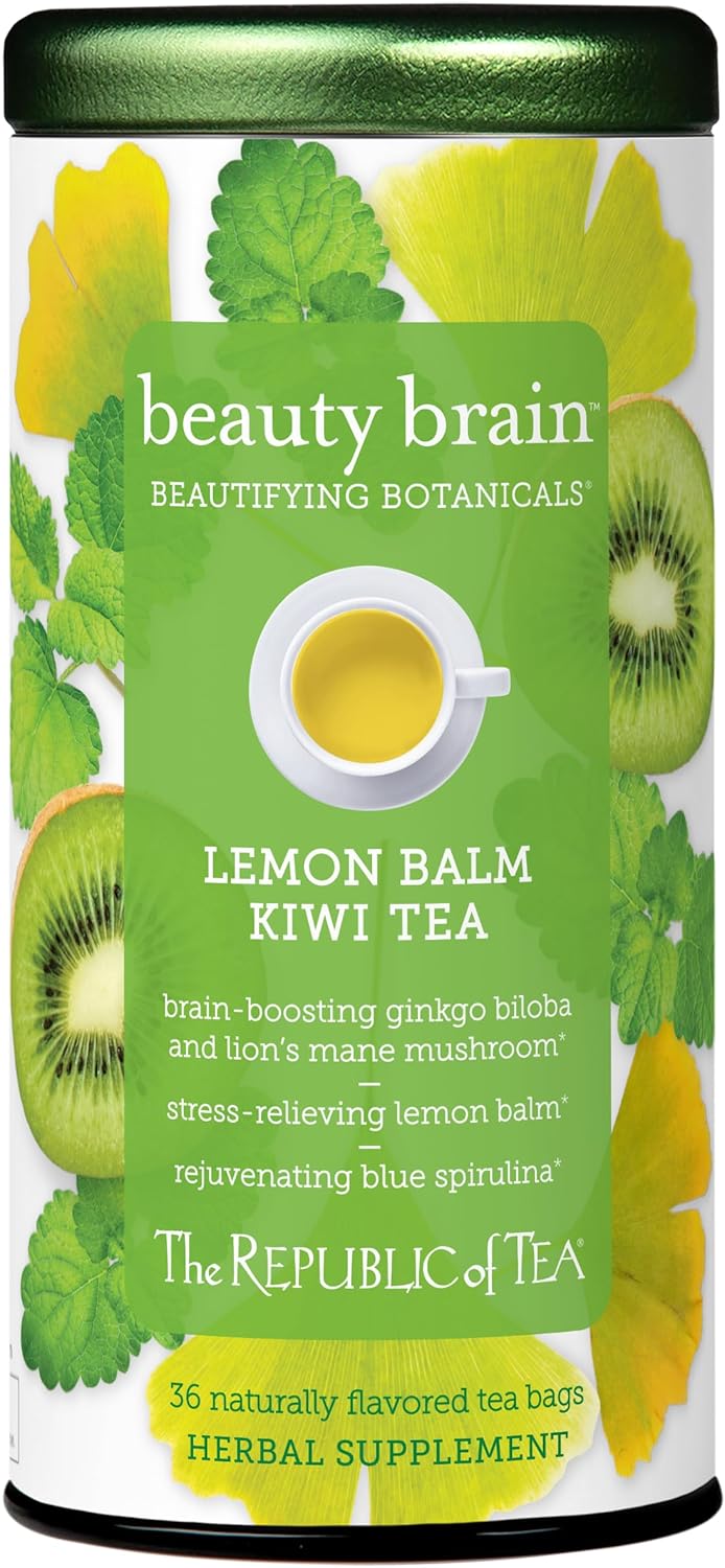 The Republic of Tea – Beauty Brain Beautifying Botanicals Lemon Balm Kiwi Tea, 36 Tea Bags, Herbal Blend, Caffeine Free, Gluten Free