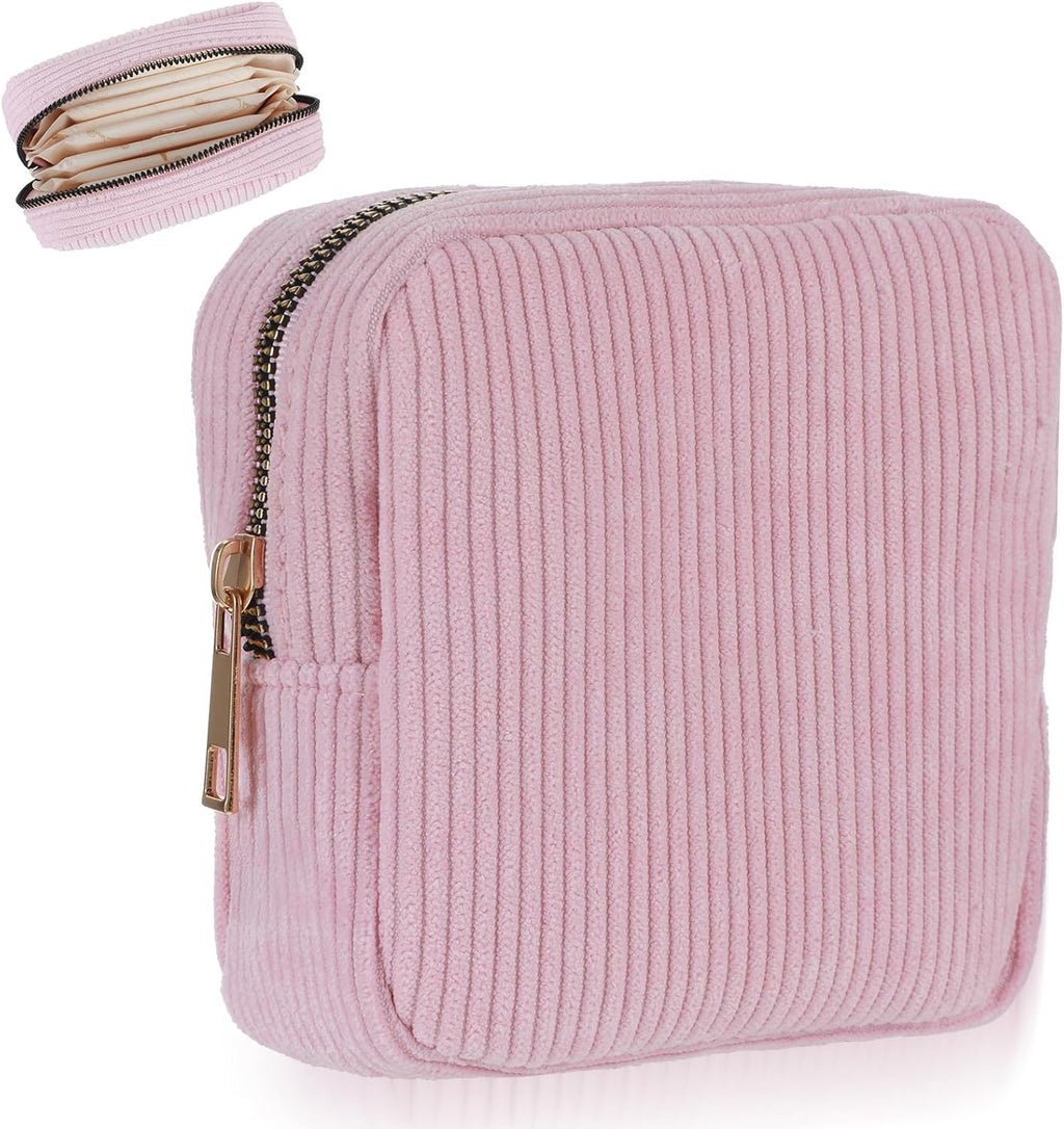 Corduroy Period Bags for Girls, Period Pouch Sanitary Napkin Storage Bag for Pads Small Tampons, Sanitary First Gifts for Girls (Pink)