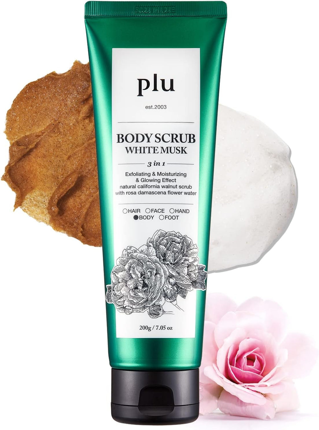PLU Original Korean Walnut Body Scrub Polish - White Musk - Exfoliating & Hydrating Glow for Smooth, Radiant Skin Texture - Soft Musk Scent, 7.05 oz.