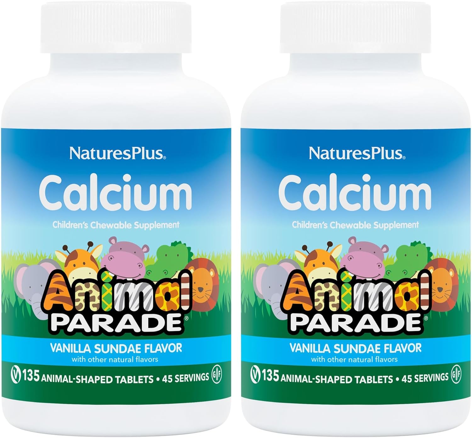 NaturesPlus Animal Parade Calcium, Vanilla Sundae Flavor - 135 Animal-Shaped Chewable Tablets, Pack of 2 - Vegan, Gluten Free - 90 Total Servings