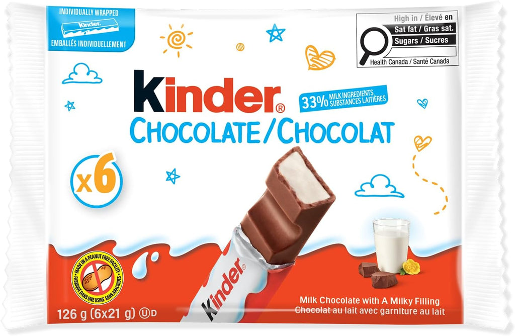 Kinder Chocolate Single Bars, 6-Pack. Individually Wrapped Milk Chocolate Bars (126g)
