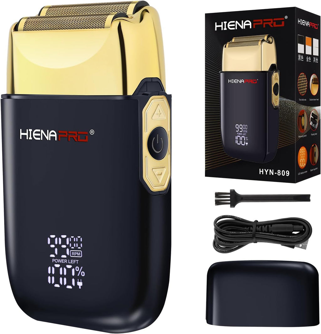 HIENA PRO Foil Shaver for Men Barber, Double Electric Foil Trimmer, Professional Electric Razor, Close Shaver, Cordless Rechargeable with USB, Detachable Design, LED Display, Black Gold