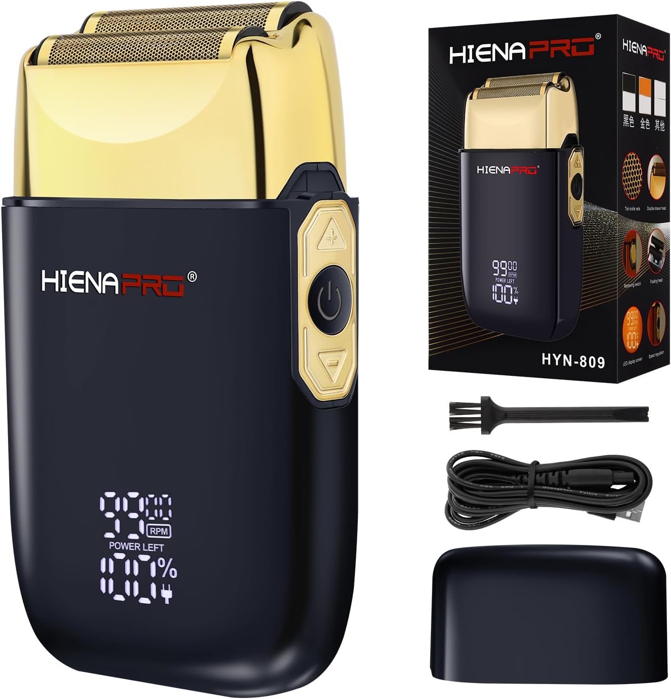 HIENA PRO Foil Shaver for Men Barber, Double Electric Foil Trimmer, Professional Electric Razor, Close Shaver, Cordless Rechargeable with USB, Detachable Design, LED Display, Black Gold
