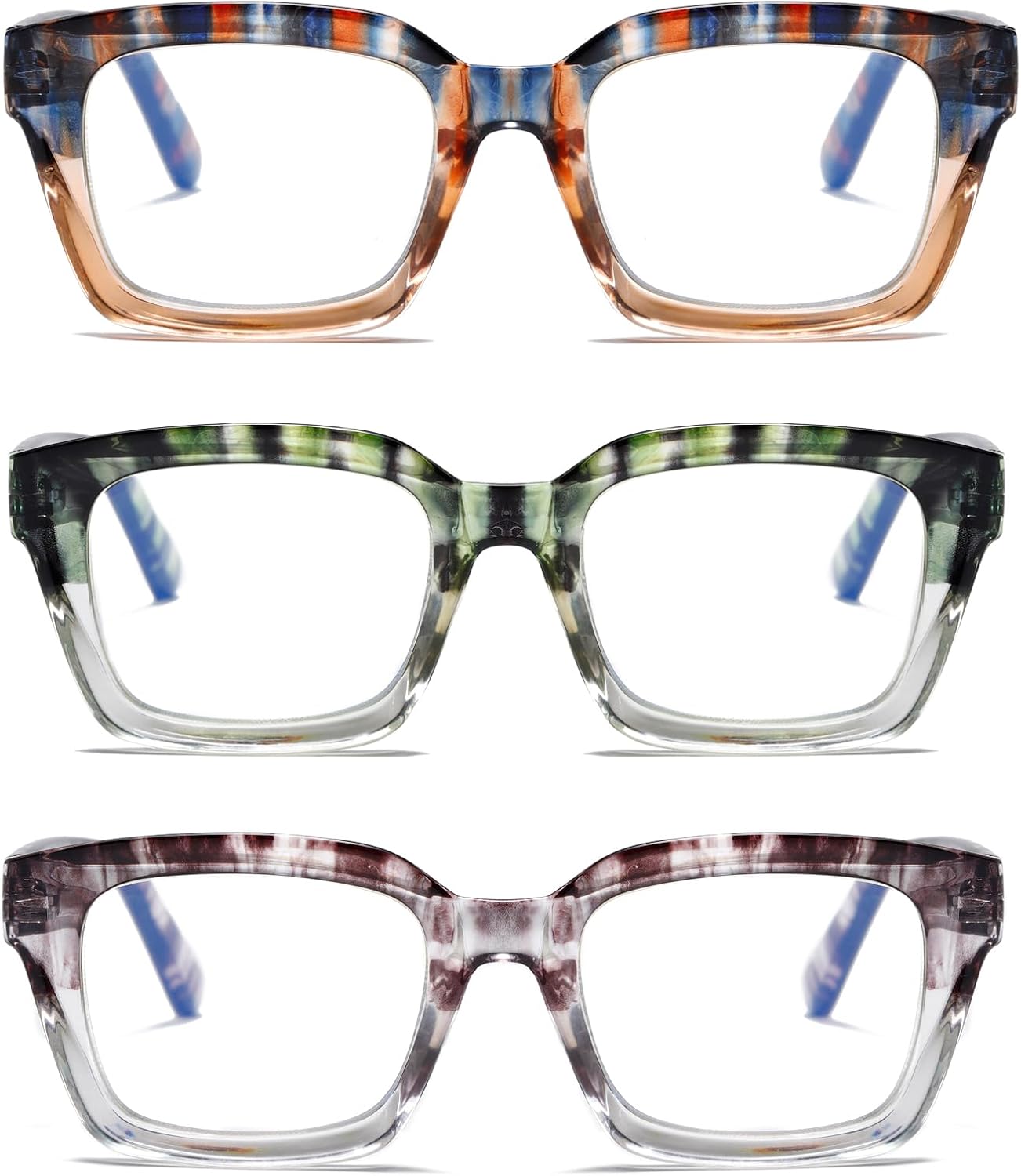 Hubeye 3 Pairs Retro Oversized Large Frame Reading Glasses for Women Men Square Fashion Oprah Style Blue Light Blocking Computer Reader with Glasses Cloth Cover +1.0
