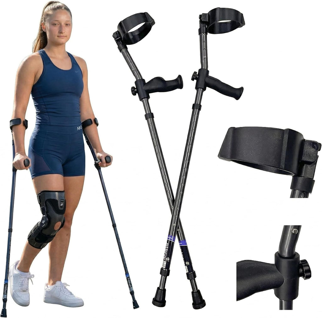 in-Motion Forearm Crutches | Spring Assist Crutches for Adults | Walking Crutch with Ergonomic Handle | Articulating Tips | Size Short (4'2" - 5'5") | Lightweight & Durable | Charcoal | 350lb Capacity