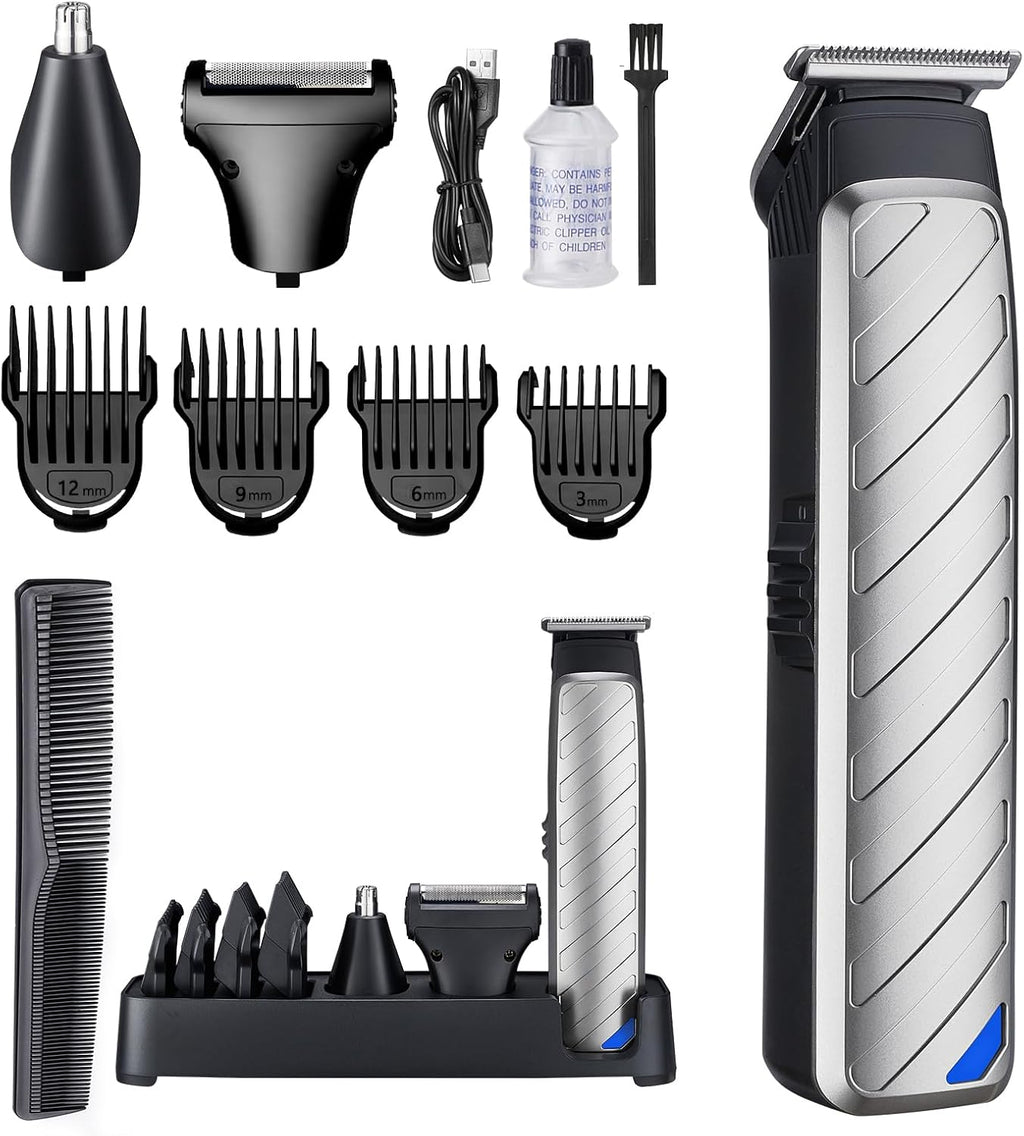 Cordless Hair & Beard Trimmer for Men, 3-in-1 Grooming Kit, with Stainless Steel Heads, Nose/Body Trimmer & Storage Base, 120Mins Long Runtime