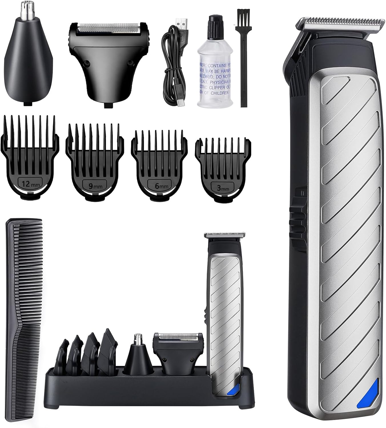 Cordless Hair & Beard Trimmer for Men, 3-in-1 Grooming Kit, with Stainless Steel Heads, Nose/Body Trimmer & Storage Base, 120Mins Long Runtime