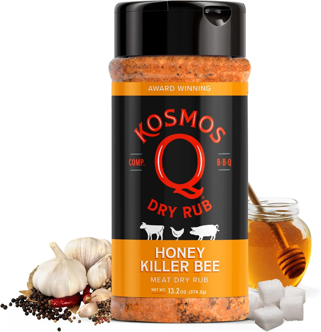 Kosmos Q Honey Killer Bee BBQ Dry Rub, Sweet Seasoning with Brown Sugar, Honey, Garlic & Paprika for Chicken, Pork, Turkey, Ribs and More, Dry Rub for Smoking & Grilling Meat, 13.2 Oz Shaker Bottle