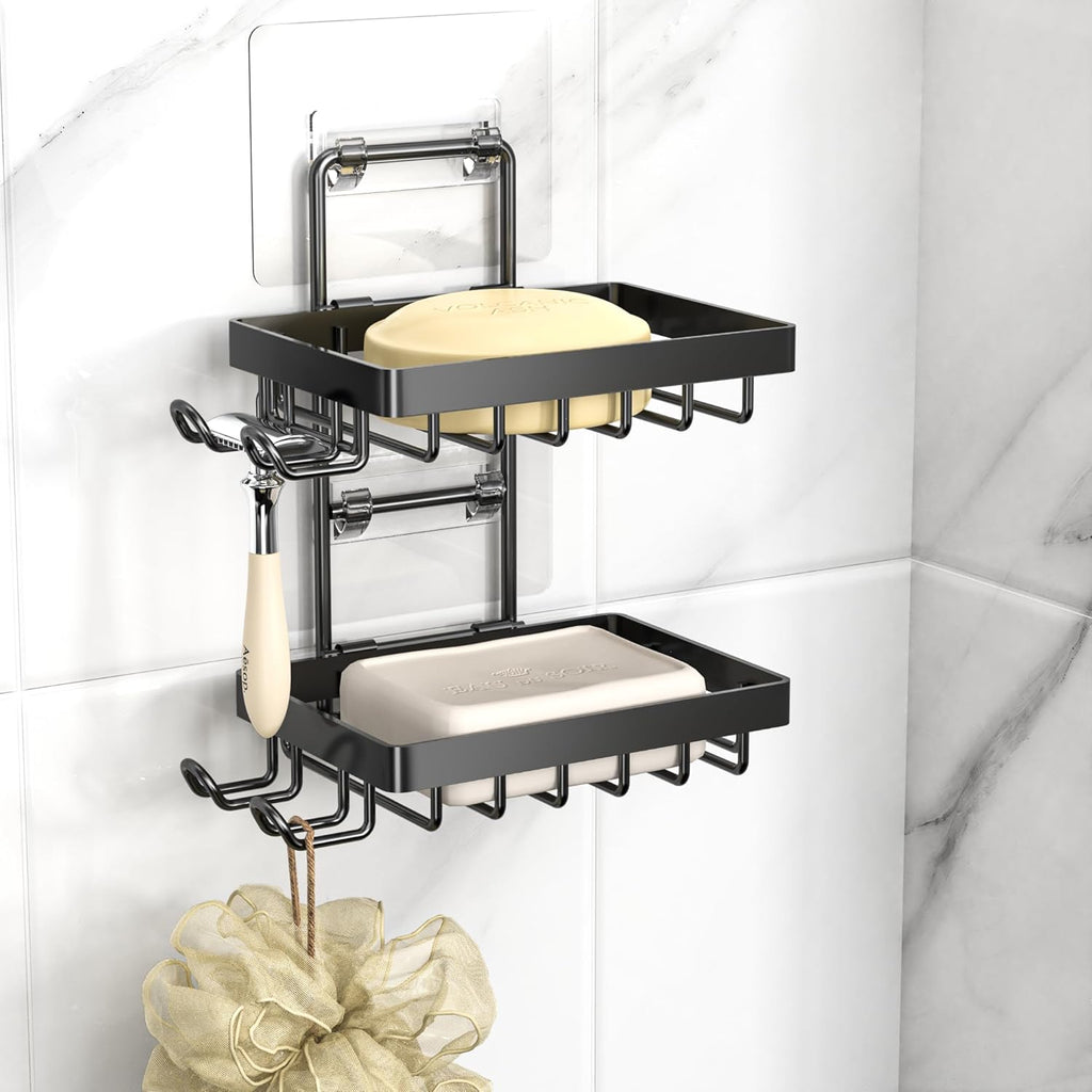 Moforoco Double Soap Bar Holder for Shower, No Drilling, 304 Stainless Steel, Wall Mounted Soap Holder with 4 Hooks and Razor Holder, Shower Rack Soap Tray Bar Soap for Bathroom Accessories Organizer