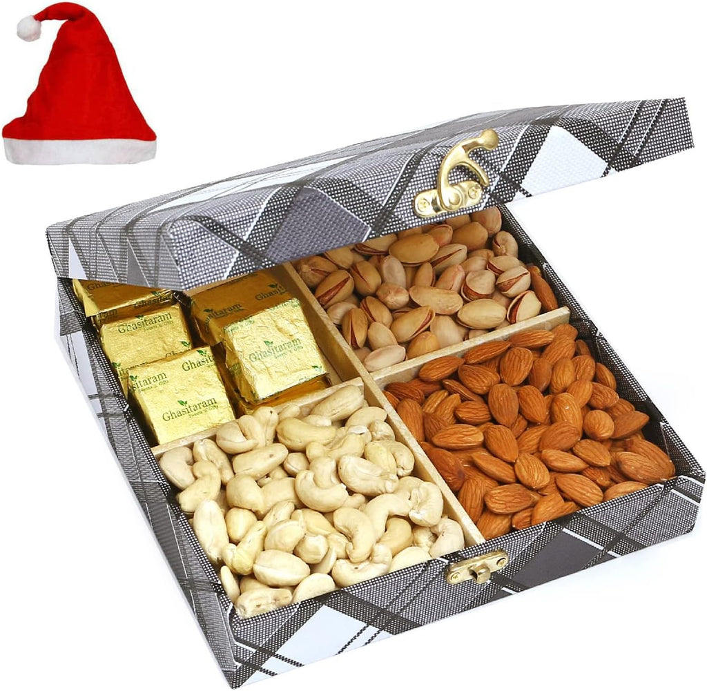 Jaiccha Ghasitaram Christmas Gifts Cross Check Wooden Dryfruits Box with Chocolates
